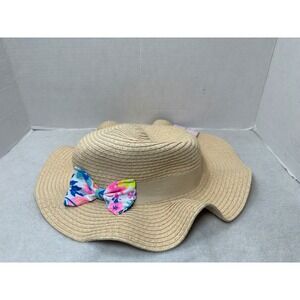NWT Tommy Bahama Sun Hat Girls One Size Tan Straw Floral Bow Tropical Wide Brim
